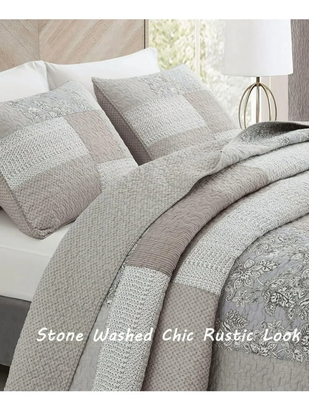 Luxury Neutral Patchwork Queen 3 piece Quilt Set - Gray/Taupe 100% cotton